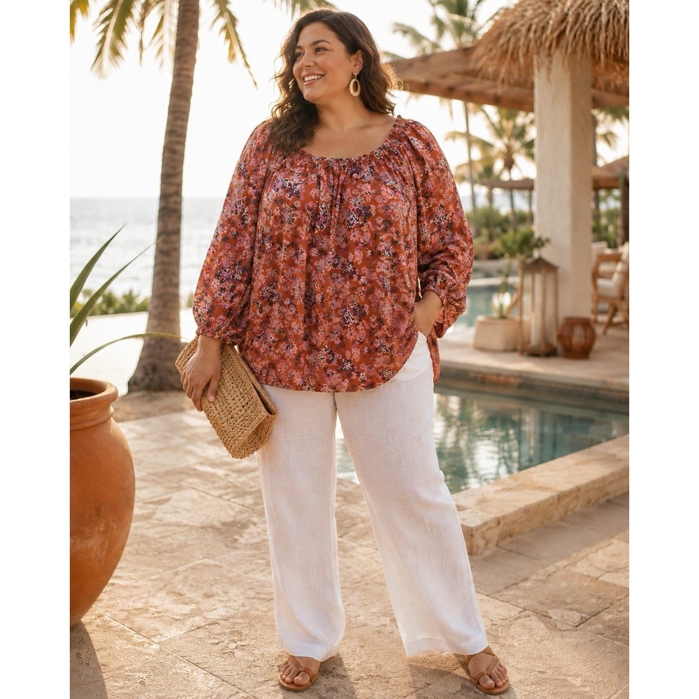 Sonoma 3X Floral Peasant Blouse Boho Cottagecore Rust Orange Top SS43